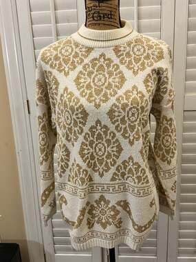 Vintage 80s Dana Scott Gold Metallic Lurex Cream Geometric Tunic Sweater
